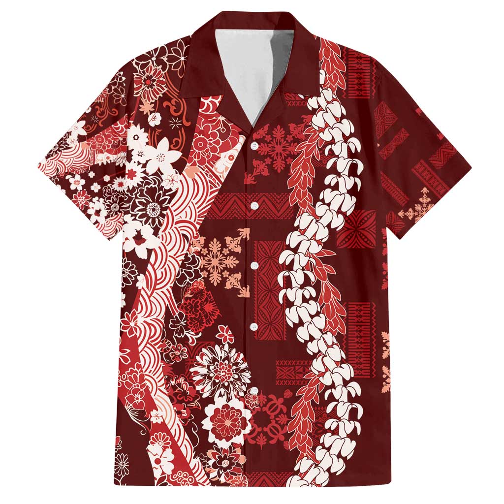 Hawaii Puakenikeni and Maile Lei Family Matching Long Sleeve Bodycon Dress and Hawaiian Shirt Red Japanese Wave Style - Polynesian Pride