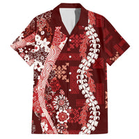 Hawaii Puakenikeni and Maile Lei Family Matching Long Sleeve Bodycon Dress and Hawaiian Shirt Red Japanese Wave Style - Polynesian Pride