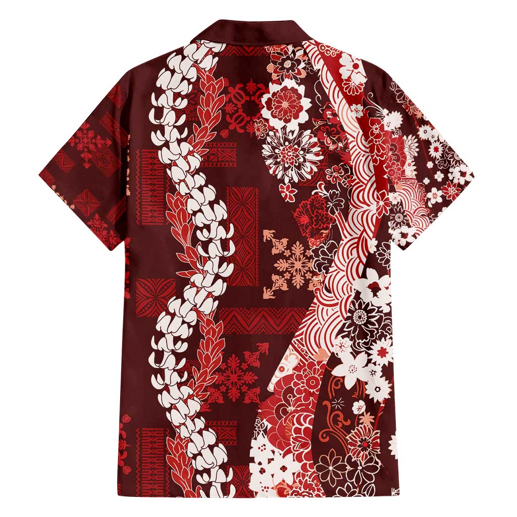 Hawaii Puakenikeni and Maile Lei Family Matching Long Sleeve Bodycon Dress and Hawaiian Shirt Red Japanese Wave Style - Polynesian Pride