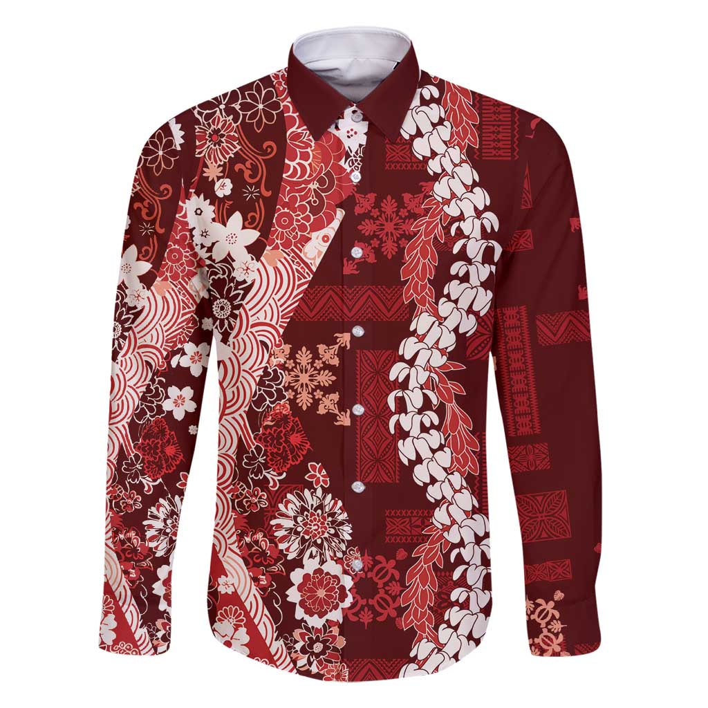 Hawaii Puakenikeni and Maile Lei Family Matching Long Sleeve Bodycon Dress and Hawaiian Shirt Red Japanese Wave Style - Polynesian Pride