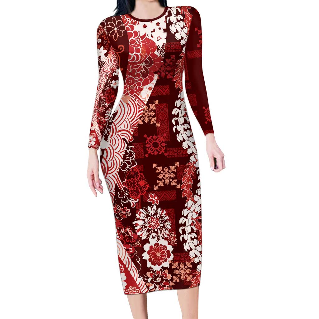 Hawaii Puakenikeni and Maile Lei Family Matching Long Sleeve Bodycon Dress and Hawaiian Shirt Red Japanese Wave Style - Polynesian Pride