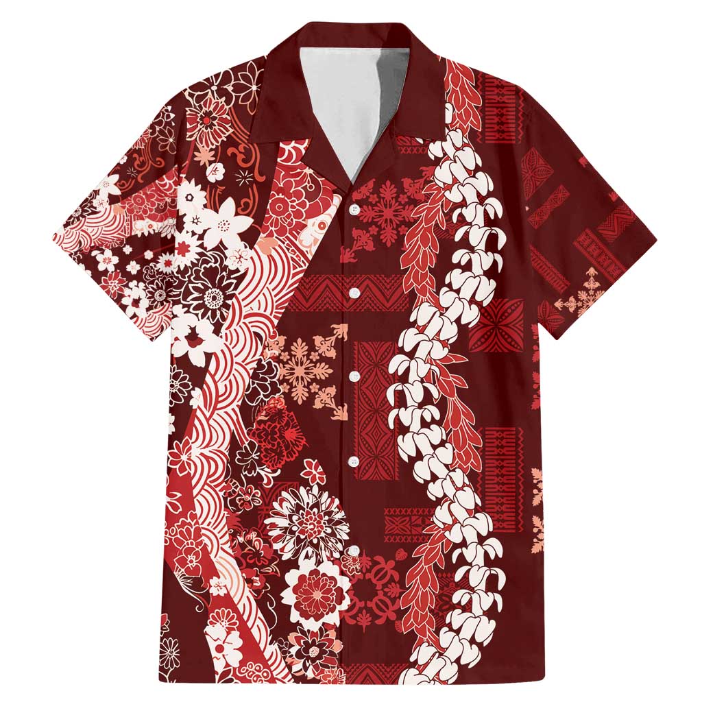 Hawaii Puakenikeni and Maile Lei Family Matching Mermaid Dress and Hawaiian Shirt Red Japanese Wave Style - Polynesian Pride