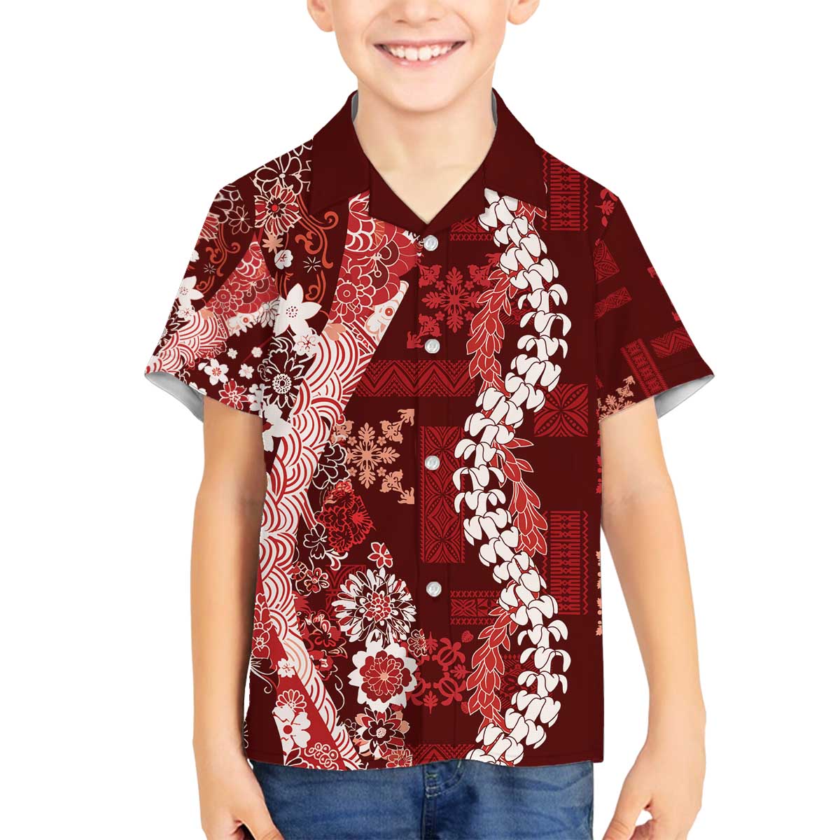 Hawaii Puakenikeni and Maile Lei Family Matching Off The Shoulder Long Sleeve Dress and Hawaiian Shirt Red Japanese Wave Style - Polynesian Pride