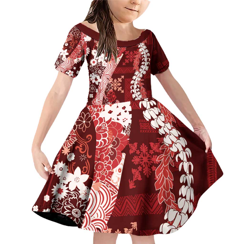 Hawaii Puakenikeni and Maile Lei Family Matching Off Shoulder Short Dress and Hawaiian Shirt Red Japanese Wave Style - Polynesian Pride