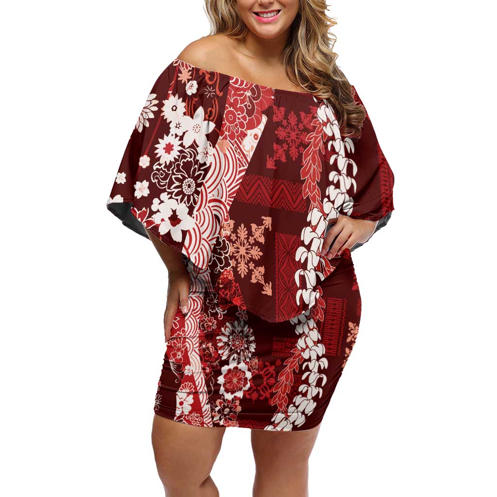 Hawaii Puakenikeni and Maile Lei Family Matching Off Shoulder Short Dress and Hawaiian Shirt Red Japanese Wave Style - Polynesian Pride