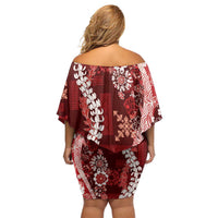 Hawaii Puakenikeni and Maile Lei Family Matching Off Shoulder Short Dress and Hawaiian Shirt Red Japanese Wave Style - Polynesian Pride