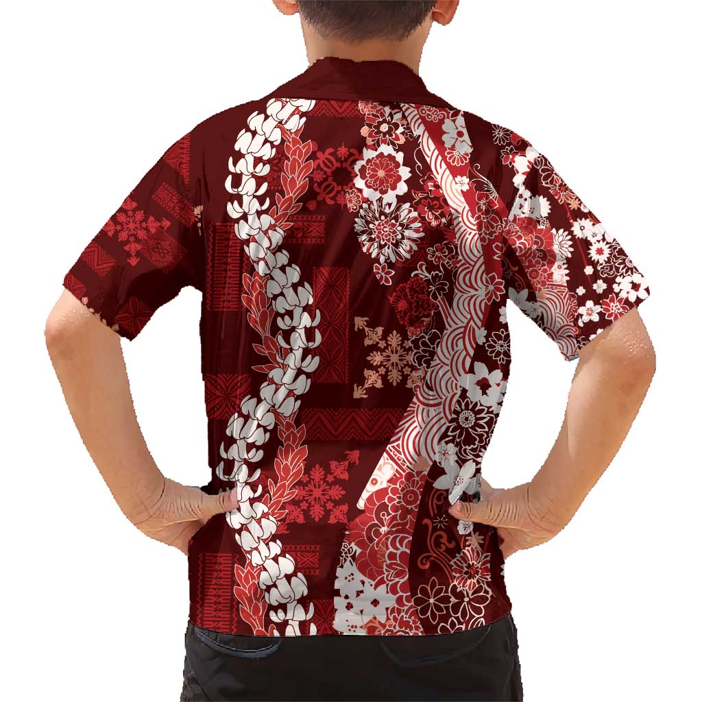Hawaii Puakenikeni and Maile Lei Family Matching Short Sleeve Bodycon Dress and Hawaiian Shirt Red Japanese Wave Style - Polynesian Pride