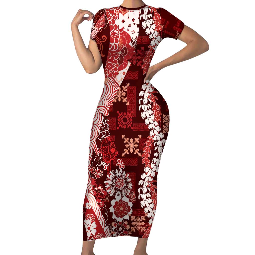 Hawaii Puakenikeni and Maile Lei Family Matching Short Sleeve Bodycon Dress and Hawaiian Shirt Red Japanese Wave Style - Polynesian Pride