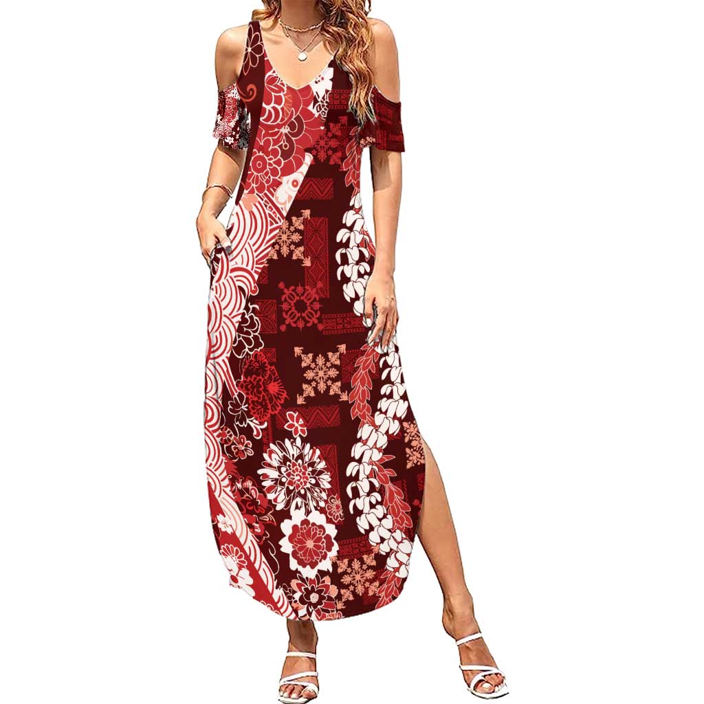 Hawaii Puakenikeni and Maile Lei Family Matching Summer Maxi Dress and Hawaiian Shirt Red Japanese Wave Style - Polynesian Pride