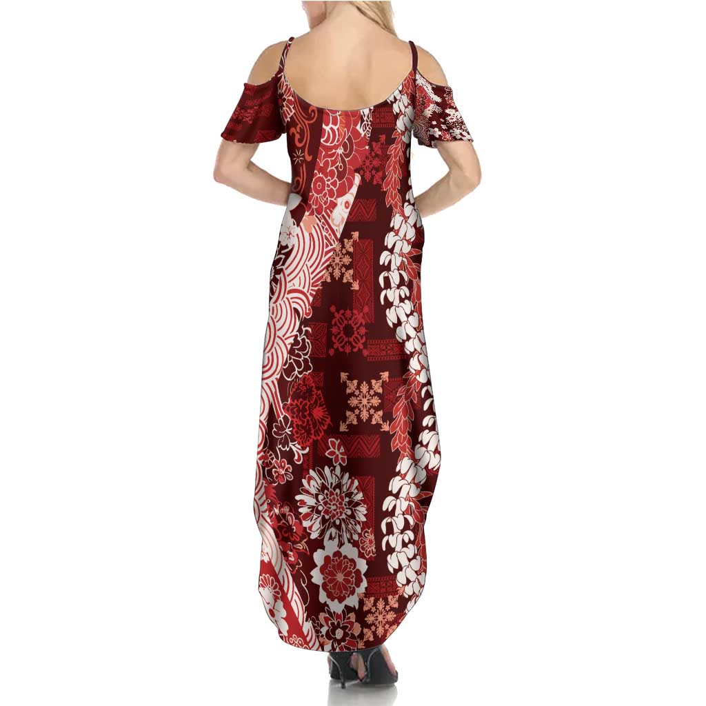 Hawaii Puakenikeni and Maile Lei Family Matching Summer Maxi Dress and Hawaiian Shirt Red Japanese Wave Style - Polynesian Pride