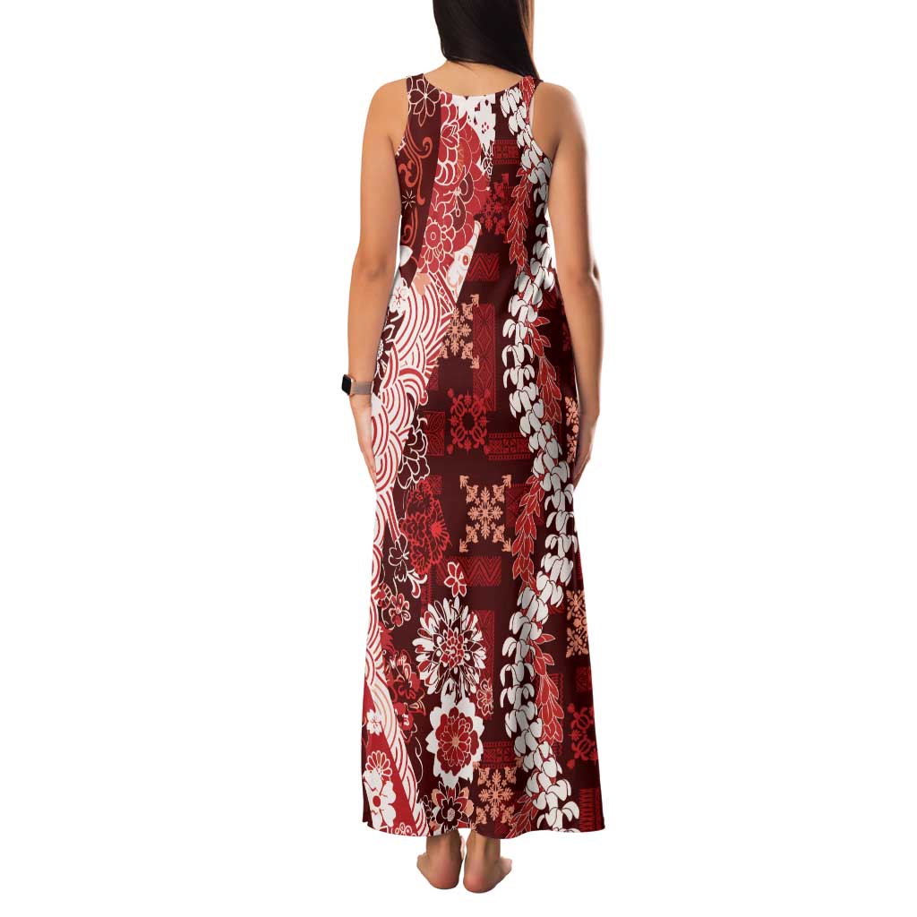 Hawaii Puakenikeni and Maile Lei Family Matching Tank Maxi Dress and Hawaiian Shirt Red Japanese Wave Style - Polynesian Pride