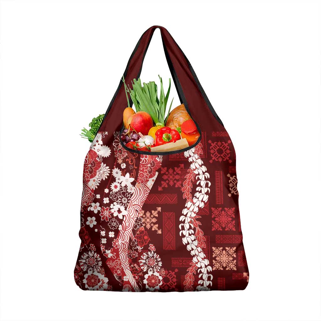 Hawaii Puakenikeni and Maile Lei Grocery Bag Red Japanese Wave Style LT9 1-pack One Size Red - Polynesian Pride