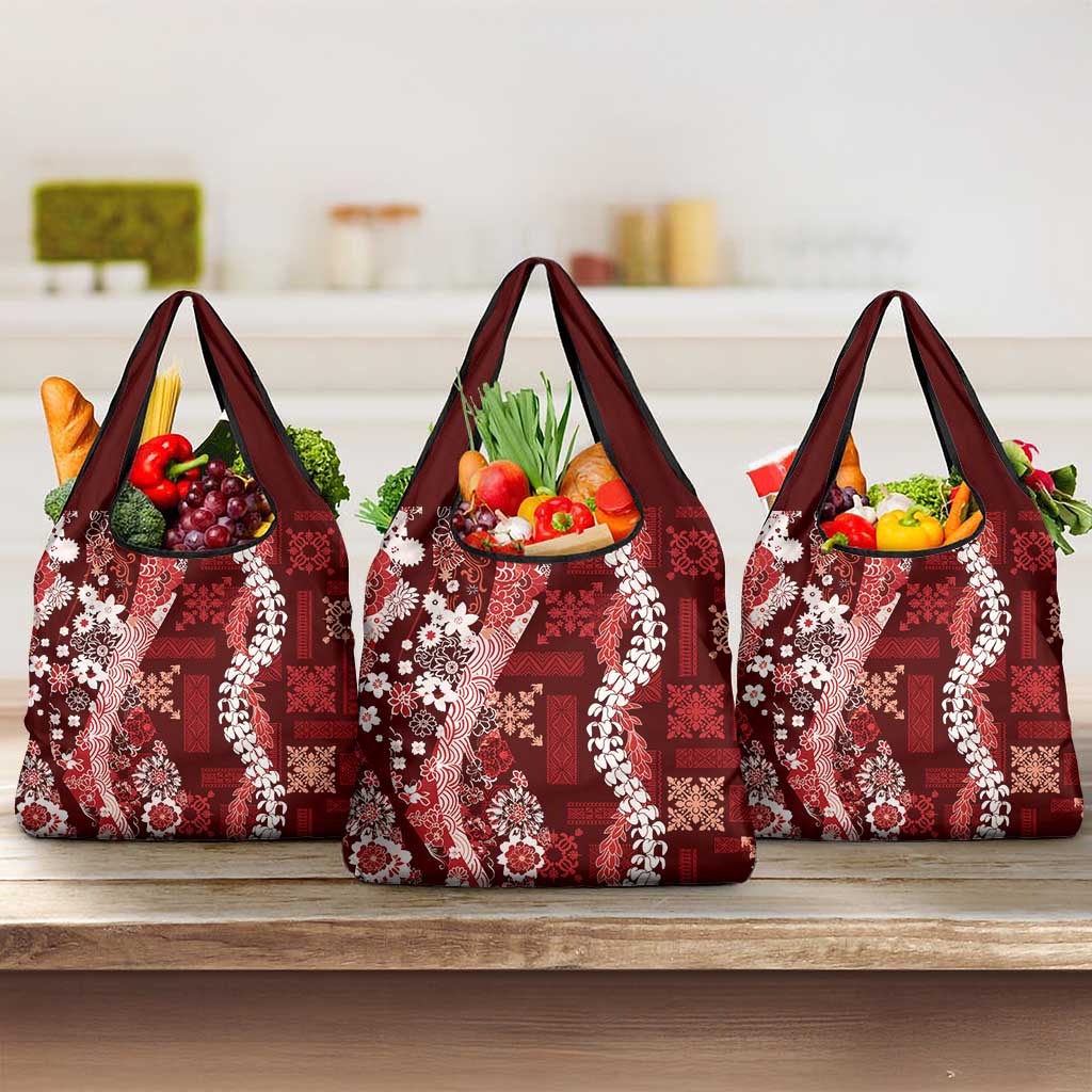 Hawaii Puakenikeni and Maile Lei Grocery Bag Red Japanese Wave Style LT9 3-pack One Size Red - Polynesian Pride