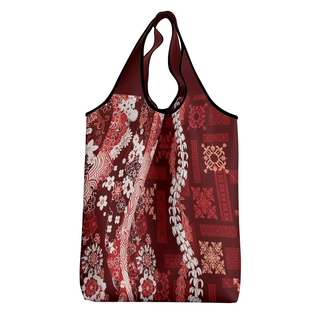Hawaii Puakenikeni and Maile Lei Grocery Bag Red Japanese Wave Style LT9 - Polynesian Pride