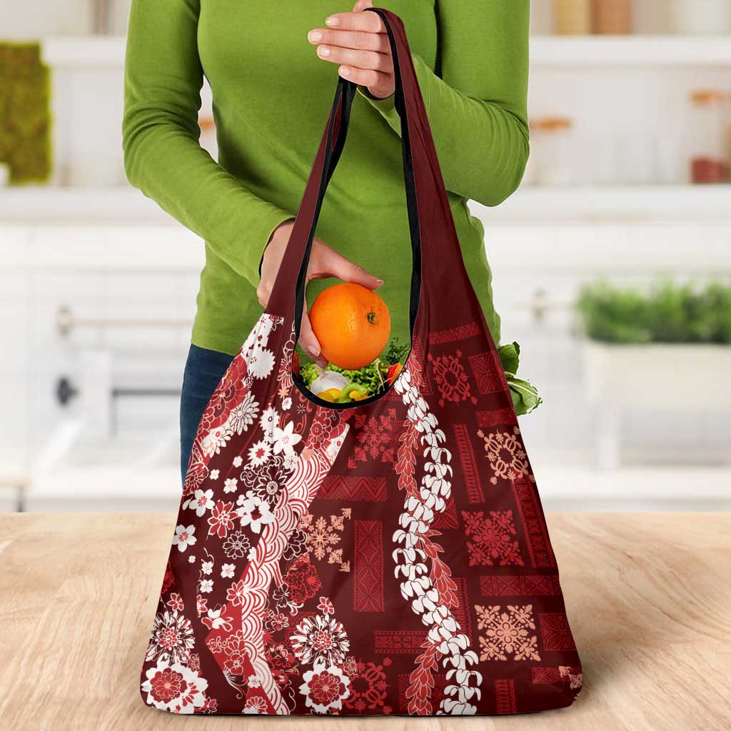 Hawaii Puakenikeni and Maile Lei Grocery Bag Red Japanese Wave Style LT9 - Polynesian Pride