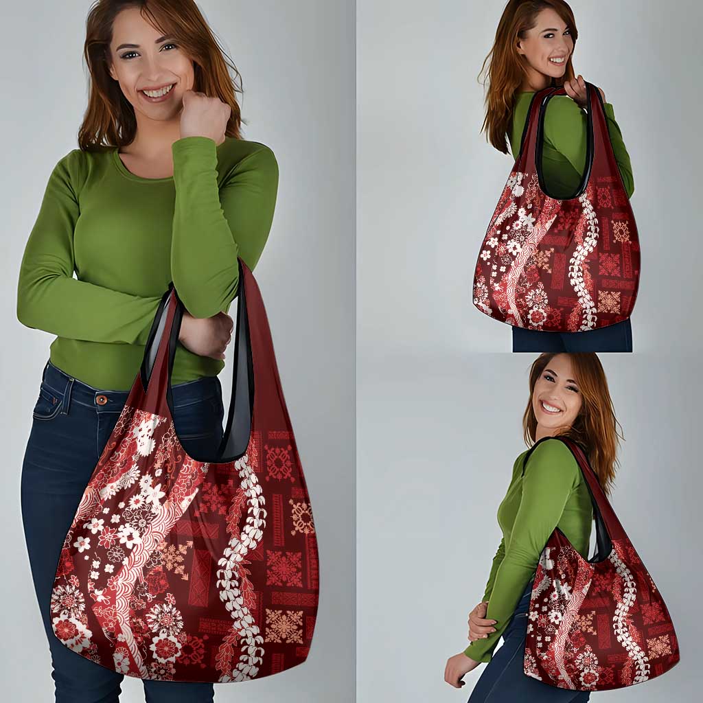 Hawaii Puakenikeni and Maile Lei Grocery Bag Red Japanese Wave Style LT9 - Polynesian Pride