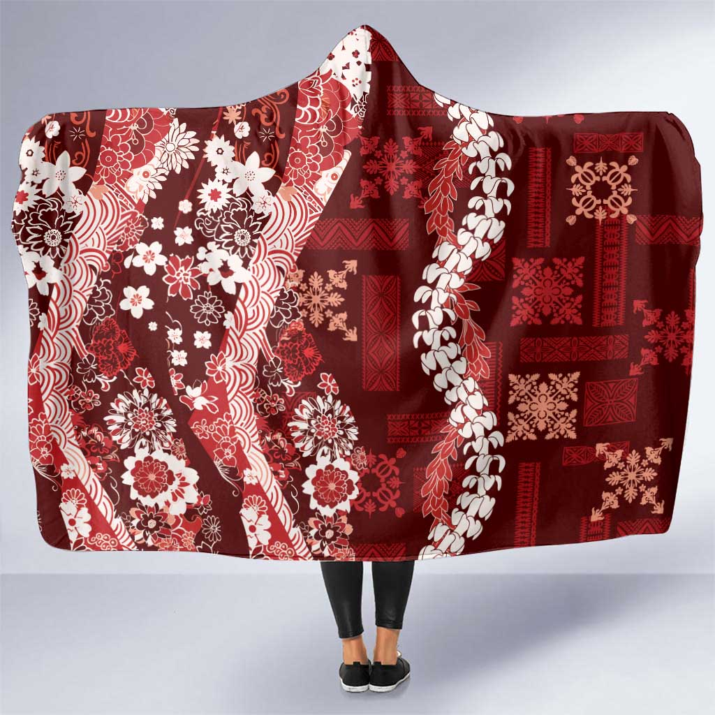 Hawaii Puakenikeni and Maile Lei Hooded Blanket Red Japanese Wave Style - Polynesian Pride