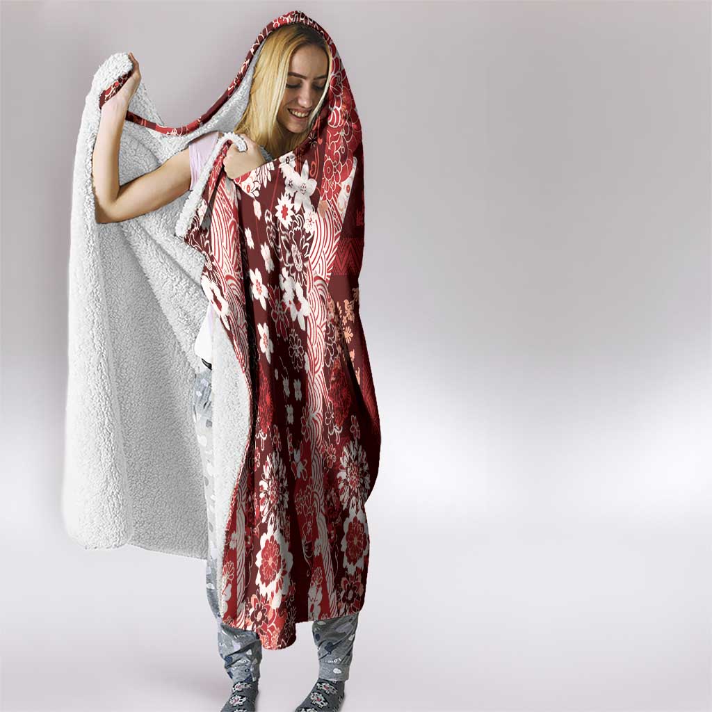 Hawaii Puakenikeni and Maile Lei Hooded Blanket Red Japanese Wave Style - Polynesian Pride