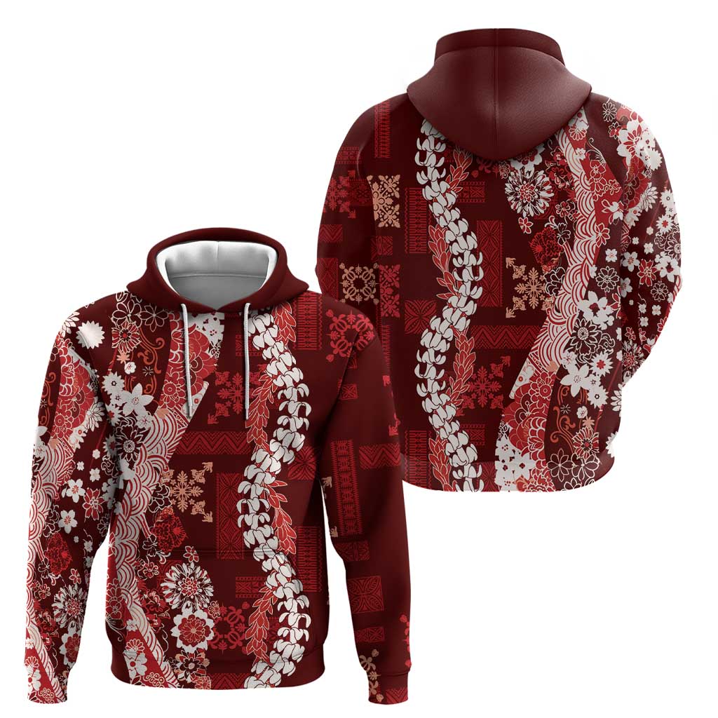Hawaii Puakenikeni and Maile Lei Hoodie Red Japanese Wave Style - Polynesian Pride