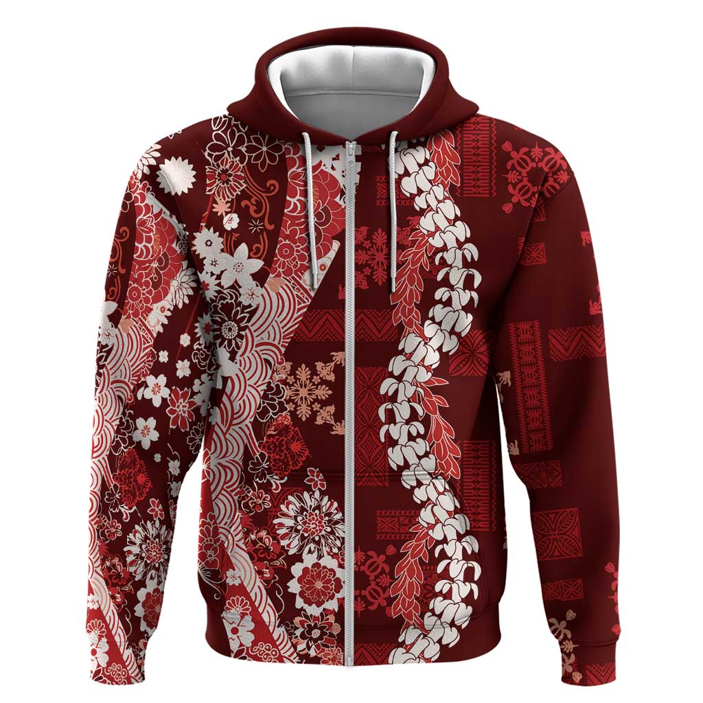 Hawaii Puakenikeni and Maile Lei Hoodie Red Japanese Wave Style - Polynesian Pride