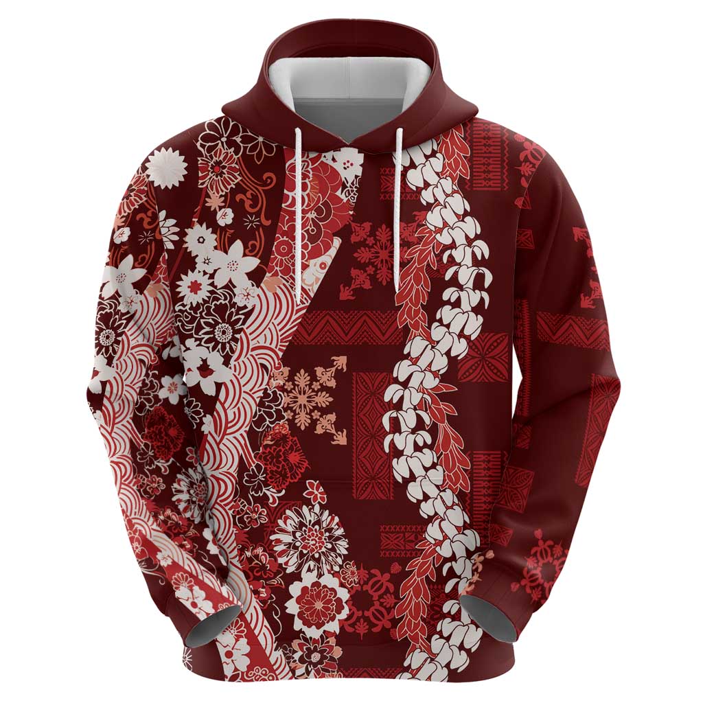Hawaii Puakenikeni and Maile Lei Hoodie Red Japanese Wave Style - Polynesian Pride