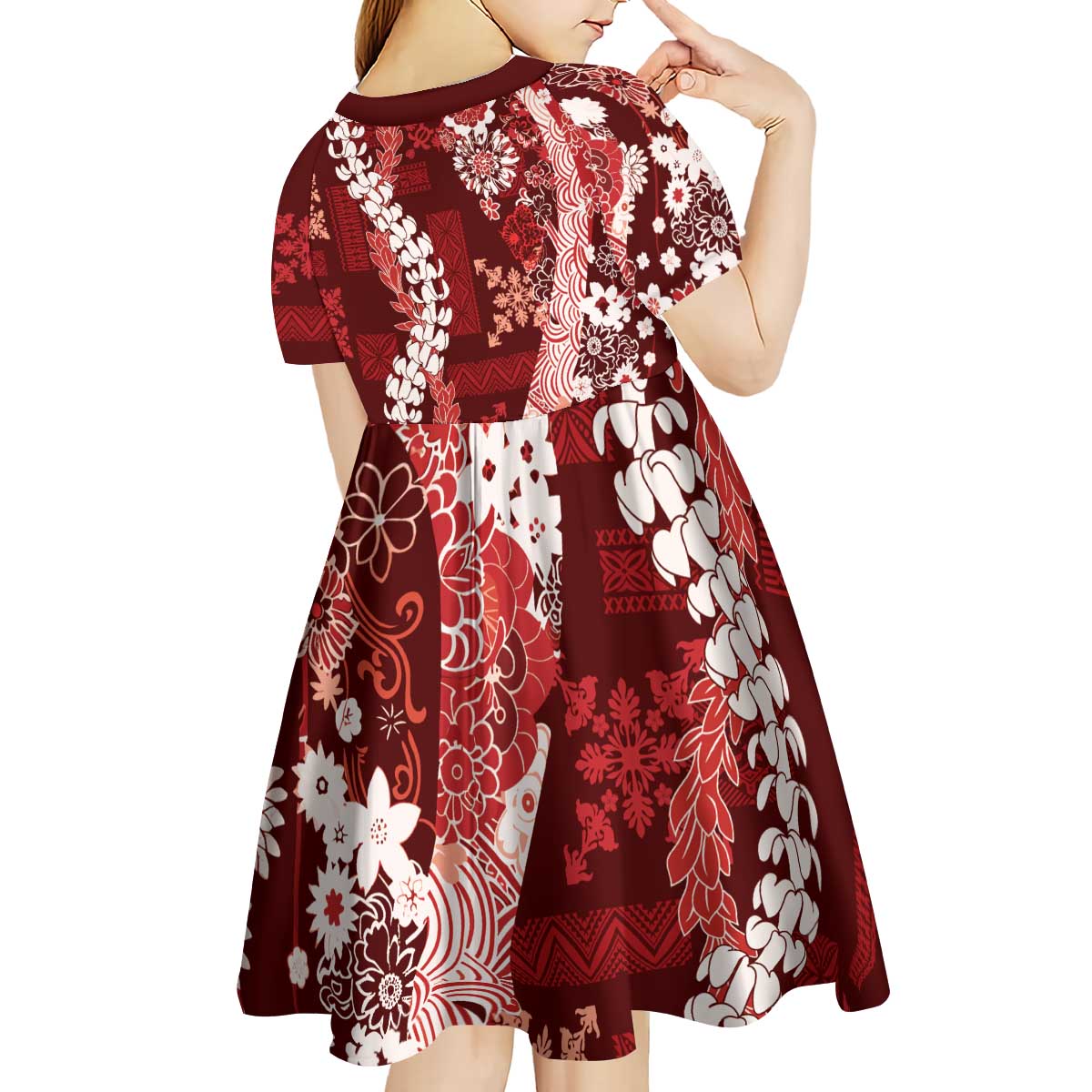 Hawaii Puakenikeni and Maile Lei Kid Short Sleeve Dress Red Japanese Wave Style LT9 - Polynesian Pride