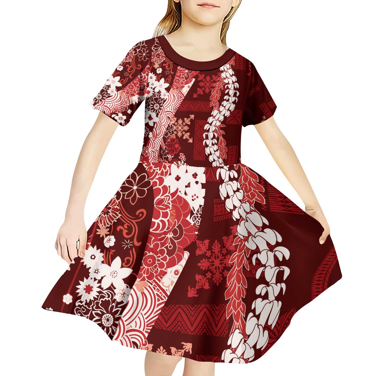 Hawaii Puakenikeni and Maile Lei Kid Short Sleeve Dress Red Japanese Wave Style LT9 - Polynesian Pride