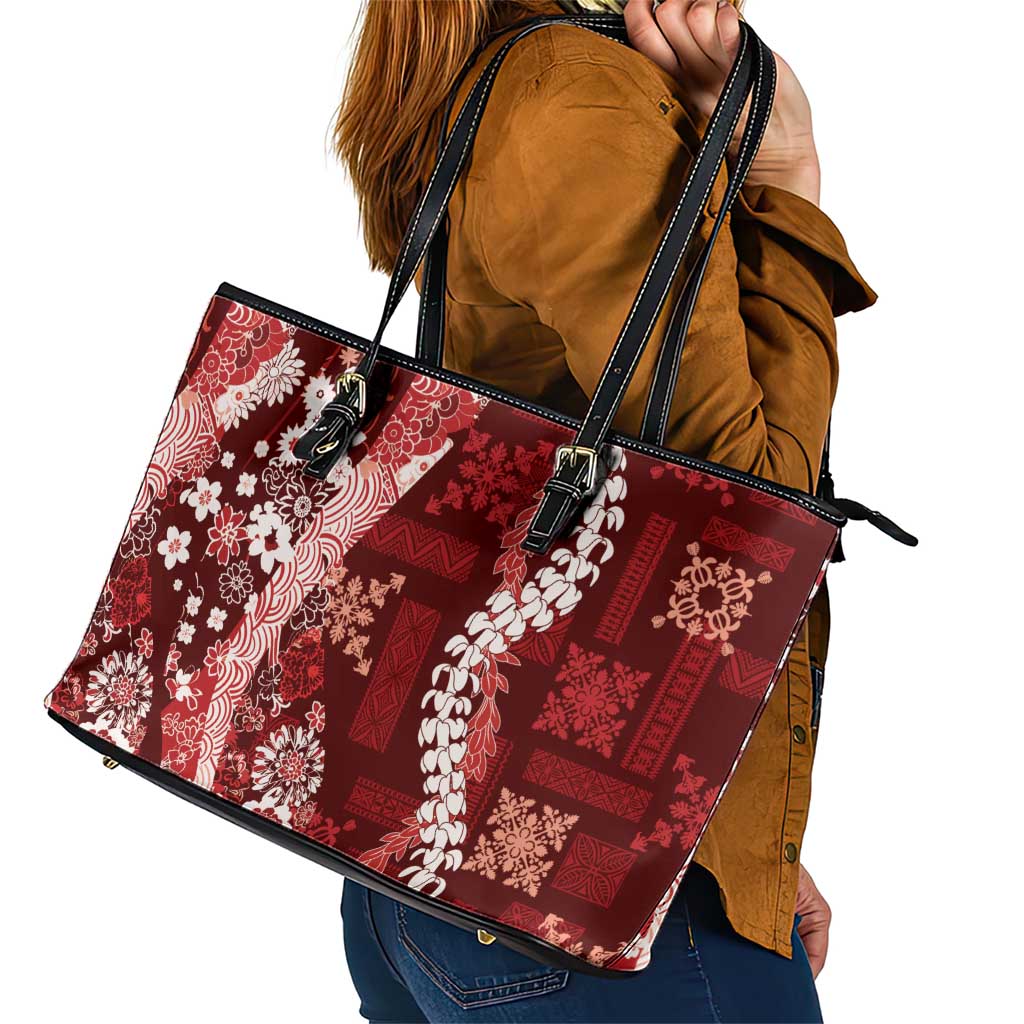 Hawaii Puakenikeni and Maile Lei Leather Tote Bag Red Japanese Wave Style - Polynesian Pride