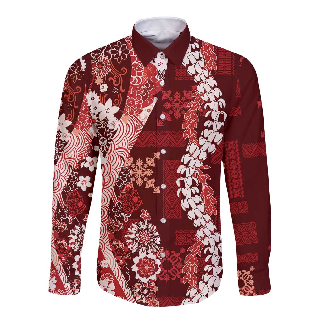 Hawaii Puakenikeni and Maile Lei Long Sleeve Button Shirt Red Japanese Wave Style LT9 Unisex Red - Polynesian Pride