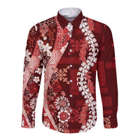 Hawaii Puakenikeni and Maile Lei Long Sleeve Button Shirt Red Japanese Wave Style LT9 Unisex Red - Polynesian Pride