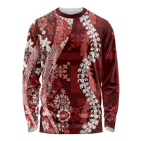 Hawaii Puakenikeni and Maile Lei Long Sleeve Shirt Red Japanese Wave Style LT9 Unisex Red - Polynesian Pride