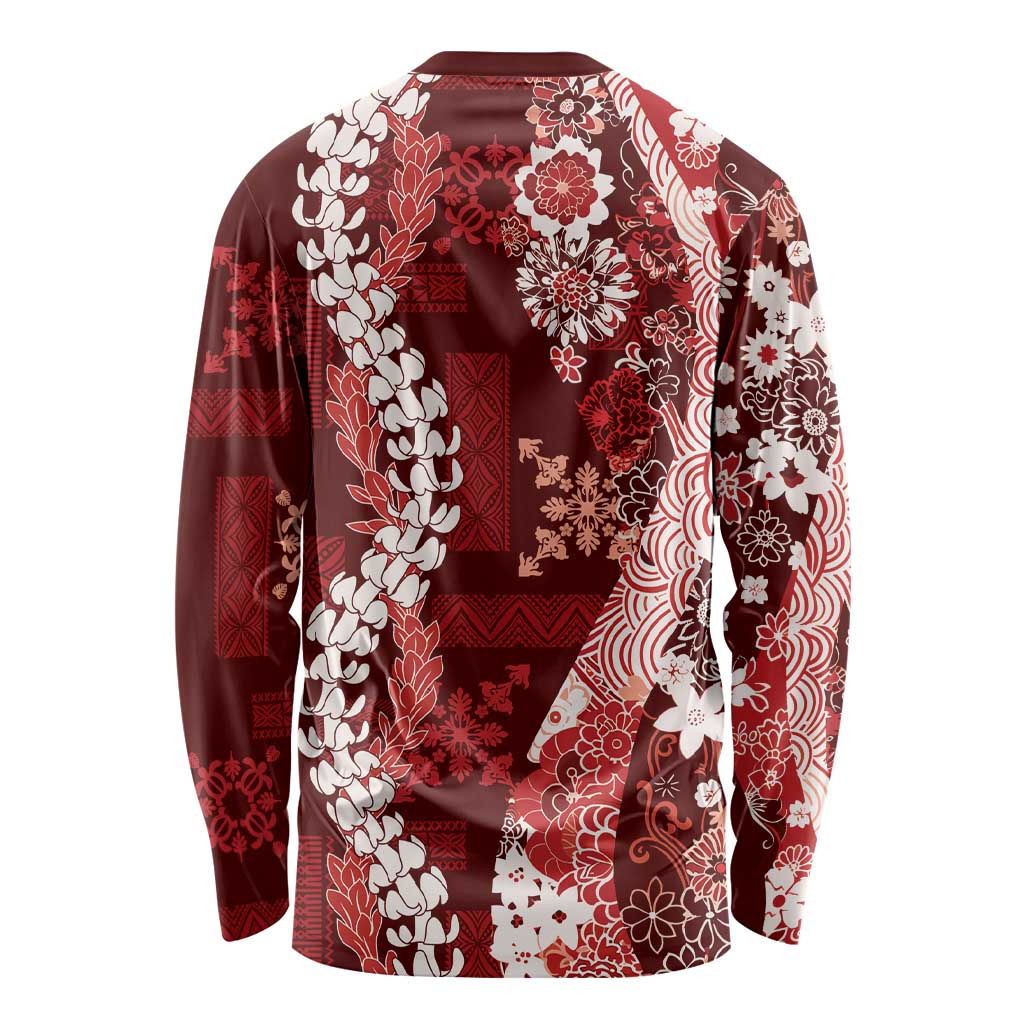 Hawaii Puakenikeni and Maile Lei Long Sleeve Shirt Red Japanese Wave Style LT9 - Polynesian Pride