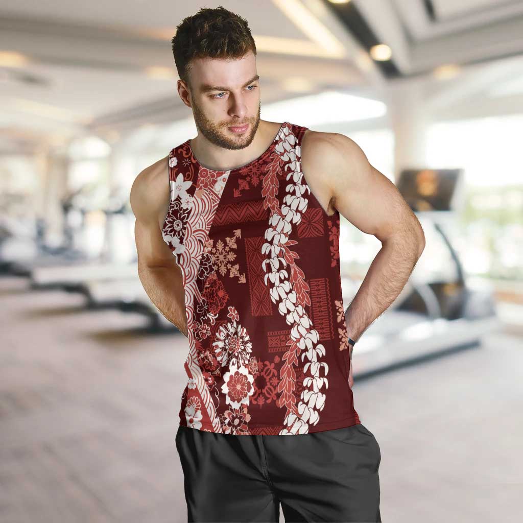 Hawaii Puakenikeni and Maile Lei Men Tank Top Red Japanese Wave Style LT9 Red - Polynesian Pride
