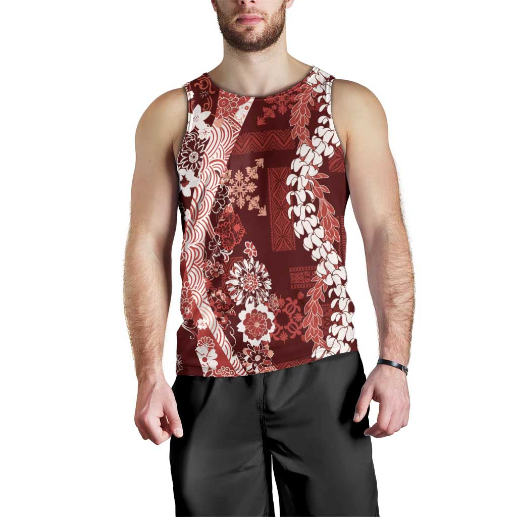 Hawaii Puakenikeni and Maile Lei Men Tank Top Red Japanese Wave Style LT9 - Polynesian Pride
