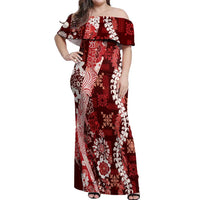 Hawaii Puakenikeni and Maile Lei Off Shoulder Maxi Dress Red Japanese Wave Style LT9 Women Red - Polynesian Pride
