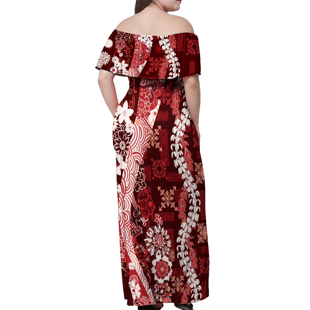 Hawaii Puakenikeni and Maile Lei Off Shoulder Maxi Dress Red Japanese Wave Style LT9 - Polynesian Pride
