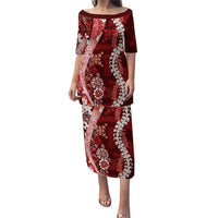 Hawaii Puakenikeni and Maile Lei Puletasi Red Japanese Wave Style LT9 Long Dress Red - Polynesian Pride