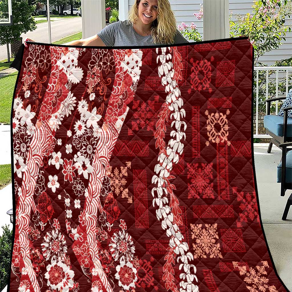 Hawaii Puakenikeni and Maile Lei Quilt Red Japanese Wave Style - Polynesian Pride
