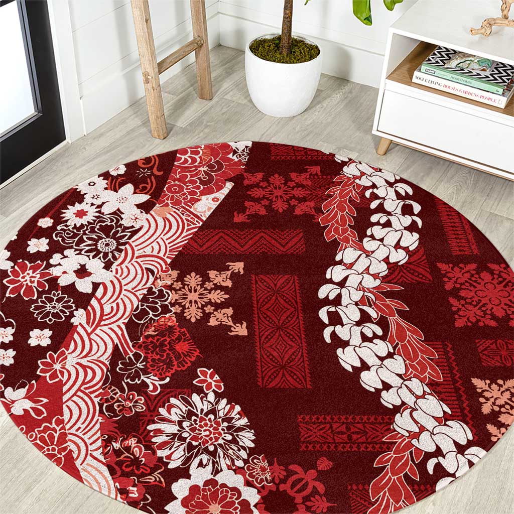 Hawaii Puakenikeni and Maile Lei Round Carpet Red Japanese Wave Style - Polynesian Pride