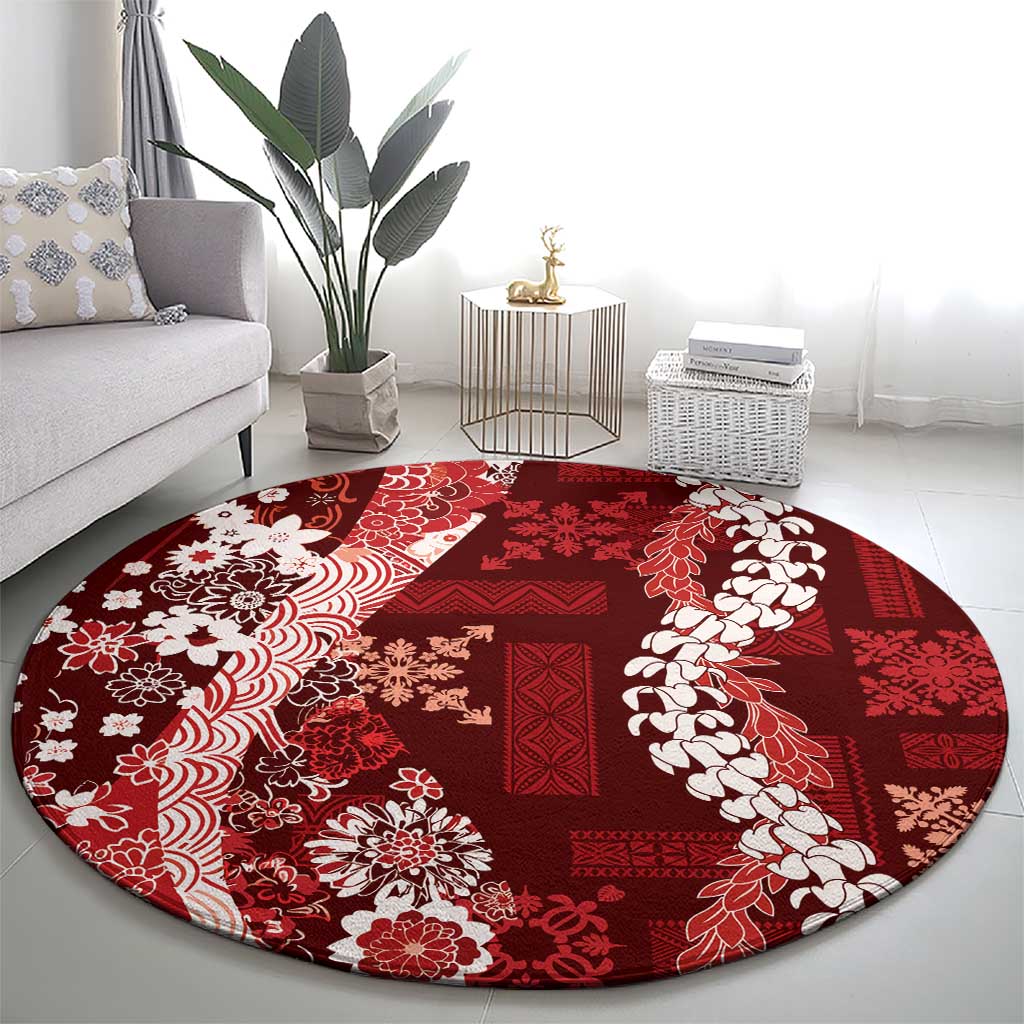 Hawaii Puakenikeni and Maile Lei Round Carpet Red Japanese Wave Style - Polynesian Pride