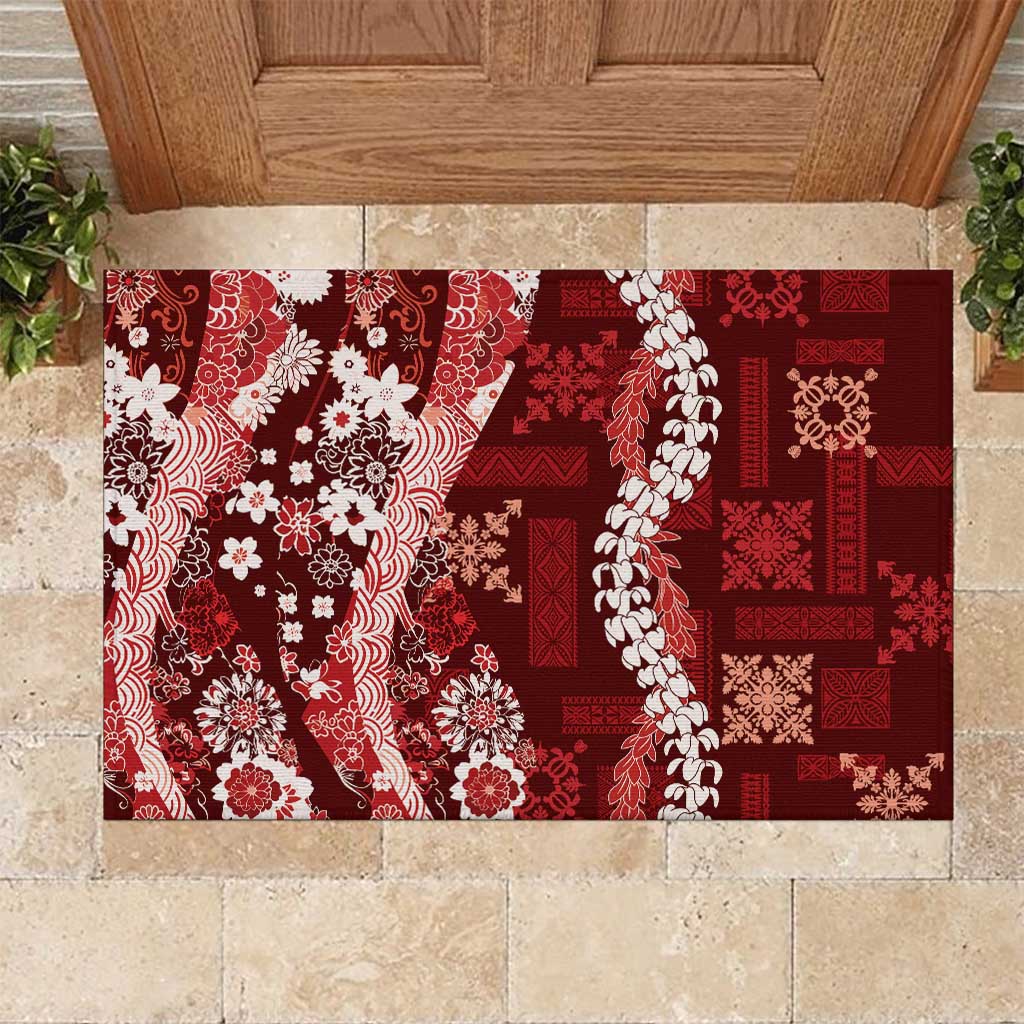 Hawaii Puakenikeni and Maile Lei Rubber Doormat Red Japanese Wave Style LT9 Red - Polynesian Pride