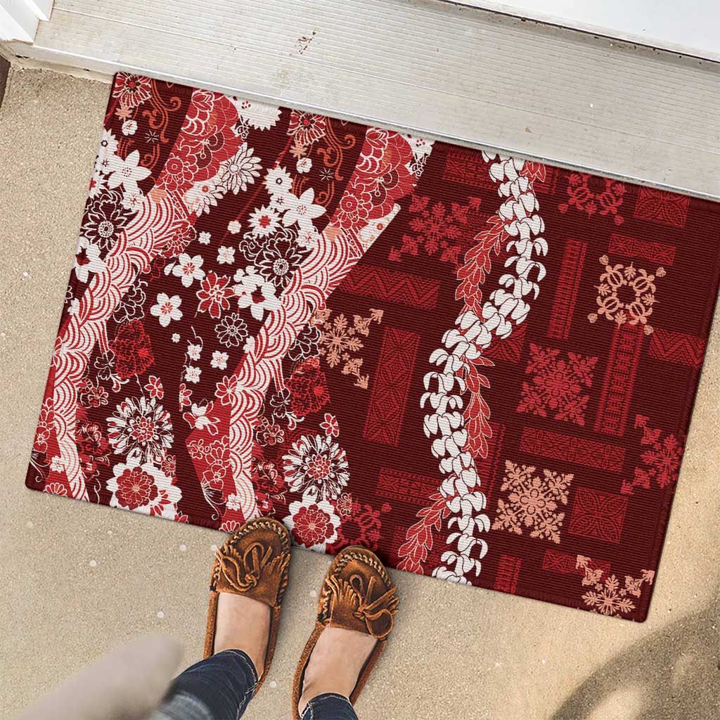 Hawaii Puakenikeni and Maile Lei Rubber Doormat Red Japanese Wave Style LT9 - Polynesian Pride