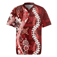 Hawaii Puakenikeni and Maile Lei Rugby Jersey Red Japanese Wave Style LT9 Red - Polynesian Pride