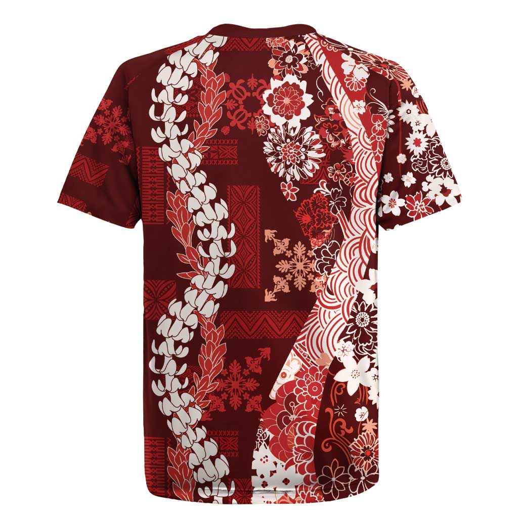 Hawaii Puakenikeni and Maile Lei Rugby Jersey Red Japanese Wave Style LT9 - Polynesian Pride
