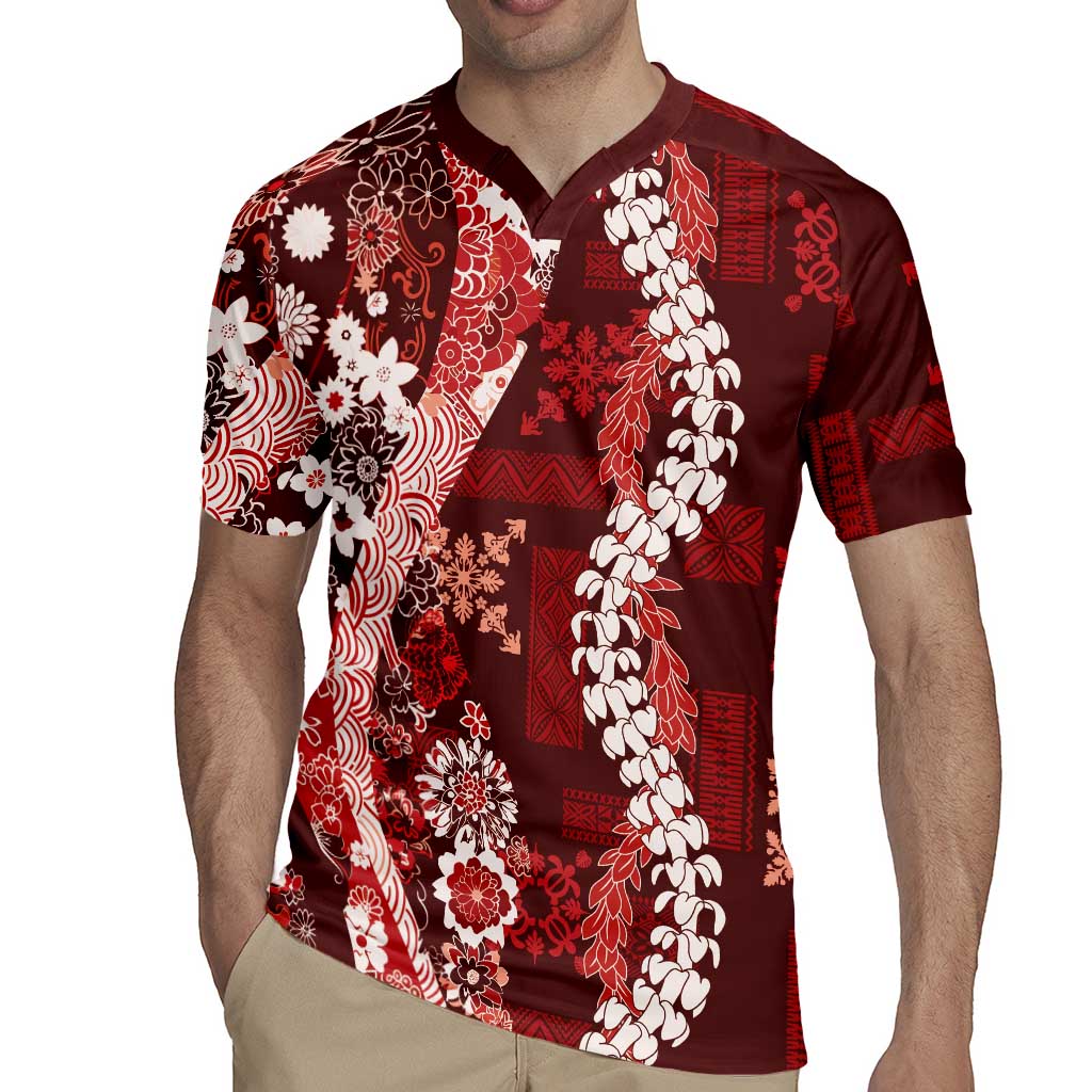 Hawaii Puakenikeni and Maile Lei Rugby Jersey Red Japanese Wave Style LT9 - Polynesian Pride