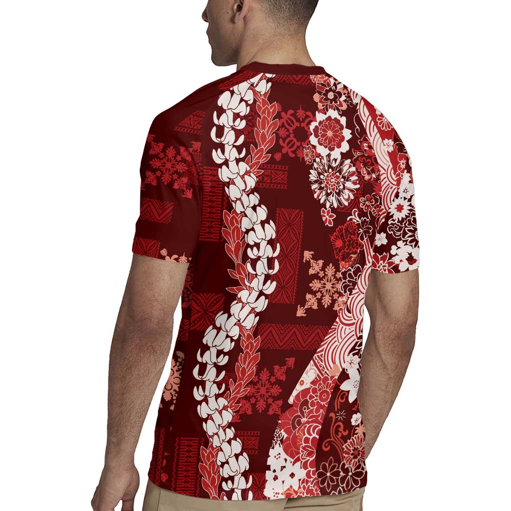 Hawaii Puakenikeni and Maile Lei Rugby Jersey Red Japanese Wave Style LT9 - Polynesian Pride