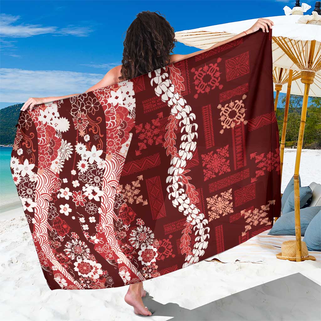 Hawaii Puakenikeni and Maile Lei Sarong Red Japanese Wave Style - Polynesian Pride