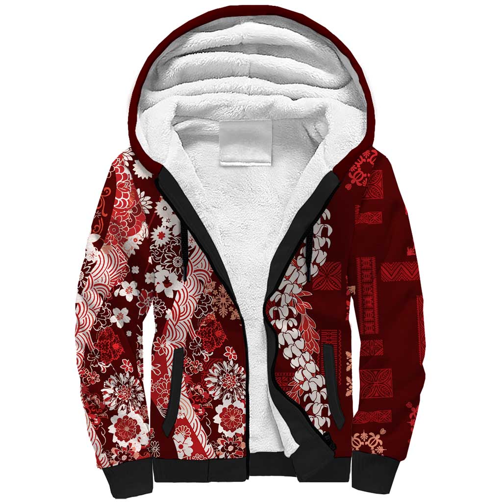 Hawaii Puakenikeni and Maile Lei Sherpa Hoodie Red Japanese Wave Style LT9 Unisex Red - Polynesian Pride