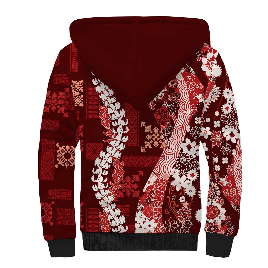 Hawaii Puakenikeni and Maile Lei Sherpa Hoodie Red Japanese Wave Style LT9 - Polynesian Pride
