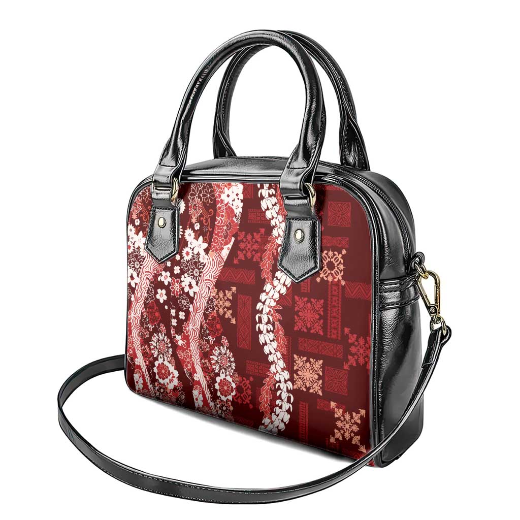 Hawaii Puakenikeni and Maile Lei Shoulder Handbag Red Japanese Wave Style - Polynesian Pride